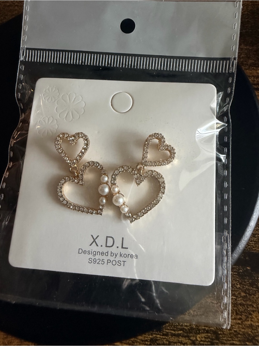 Gold Heart Drop Earrings with Pearls and Crystals